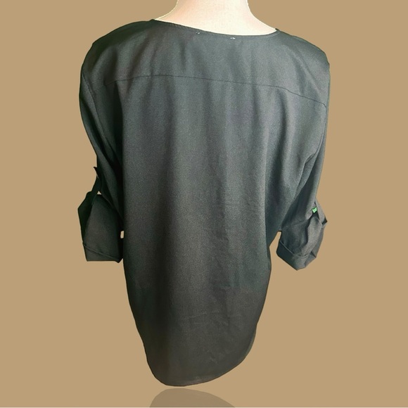 Calvin Klein Black & Silver Metallic Roll Tab Sleeve Notch Neck Blouse Size L - Picture 7 of 9